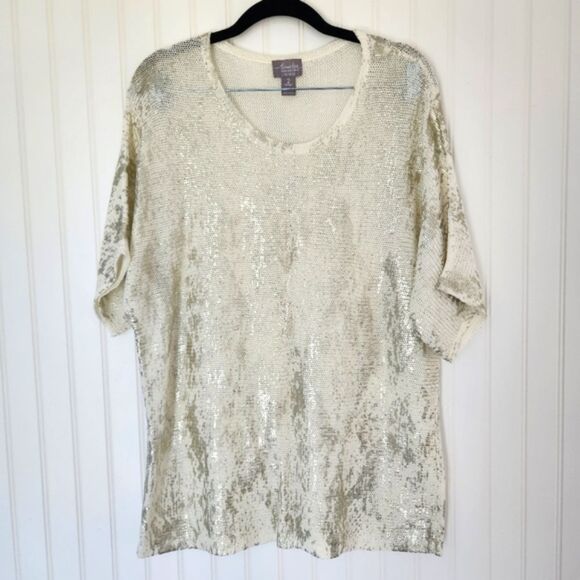 CHICO'S Travelers Collection Cream Metallic Cotton/Linen Blend Open Knit Top 2/L - Picture 1 of 5